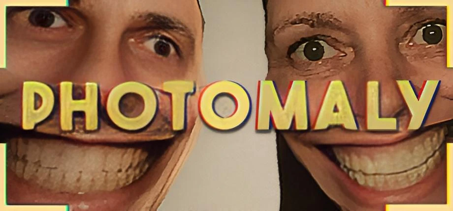 Photomaly key art: two stretched, grinning faces either side of the game's logo